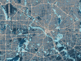Painterly Style City Map of Dallas Texas, USA in a Blue Color Scheme.
