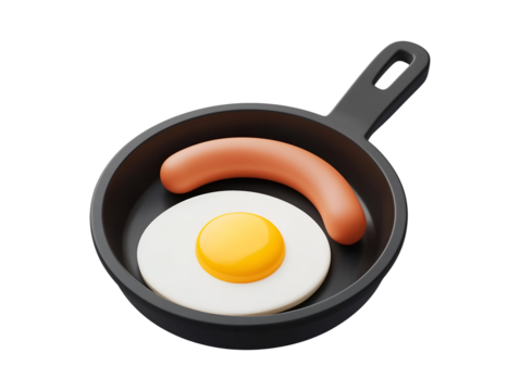 Sausages and egg on frying pan 3d icon isolated on transparent or white background, png - Powered by Adobe