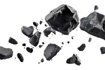Flying falling black rocks isolated on transparent or white background, png