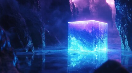 Glowing Cube Reflecting in Water Between Rock Formations