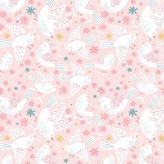 Seamless floral pattern with birds in delicate pastel colors. Spring vector background.