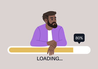 A bearded man in a purple jacket thoughtfully waits with his arms crossed as a loading bar represents the passage of time in a digital space