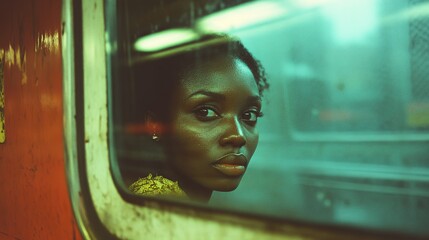 Candid 35mm Shot of a Woman Seen Through the Window of a Moving Subway, Capturing the Motion and Nostalgic Feel of Cinematic Expired Slide Film for a Vintage and Authentic Visual Aesthetic.
