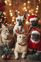 Fototapeta premium A group of pets, including a dog and a cat, both dressed in reindeer costumes