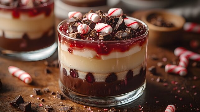 Delicious chocolate and peppermint trifle dessert with layers of cream and cherries