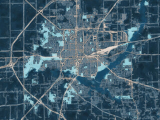 Painterly Style City Map of Decatur Illinois, USA in a Blue Color Scheme.