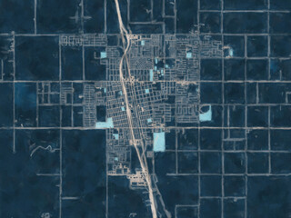 Painterly Style City Map of Delano  California, USA in a Blue Color Scheme.