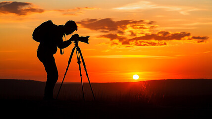 Silhouette of a photographer with a camera on a tripod at sunset.