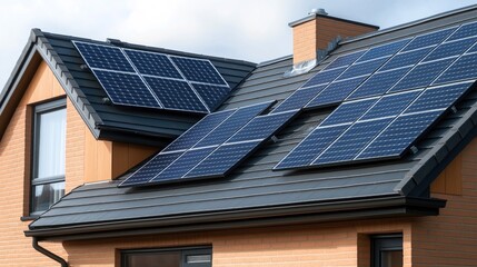 Fototapeta premium Modern house roof with installed solar panels for renewable energy generation on sunny day