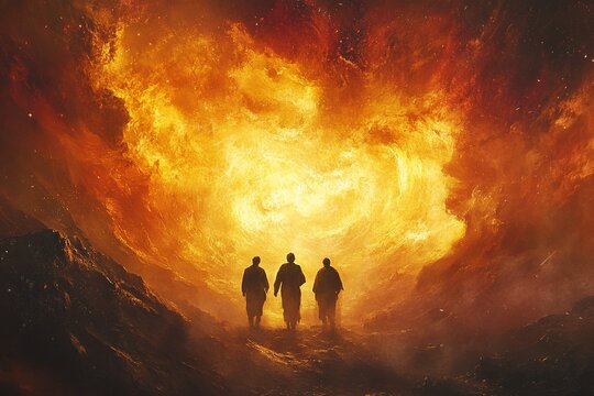 Depiction of Shadrach, Meshach, and Abednego standing firm in a fiery furnace amidst a vibrant nebula, highlighted by divine light rays symbolizing their faith. Blank area for copy space.