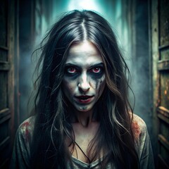 Face of scary woman with evil eyes in the dark. Horror silhouette inside bedroom at night. Horror scene. Halloween concept. Blurred silhouette of ghost