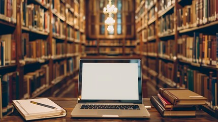 Fototapeta premium A blank laptop screen sits invitingly on a wooden study table surrounded by books and a notebook in a serene library setting designed for focused studying and creative work without distractions