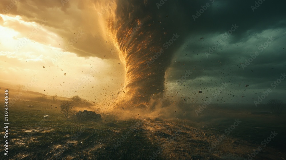 Poster a tornado is blowing through a field