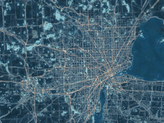Painterly Style City Map of Detroit Metro Michigan, USA in a Blue Color Scheme.
