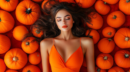 Beautiful woman with long brown hairs in orange dress lying in a pumpkin patch, halloween design, perfect as wallpaper or background. 
