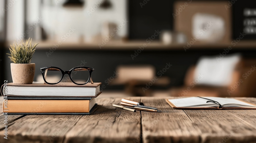 Poster Stack of books with eyeglasses and a potted plant on a wooden table, with an open notebook and pens in a blurred background.