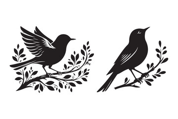 Nightingale Silhouette Clipart Bundle, Nightingale Bird Black Vector Set