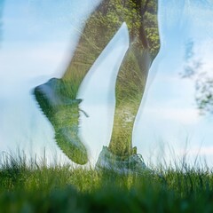 Human legs in motion, running on grass 