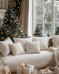 Featuring a beautifully decorated Christmas tree, a comfortable sofa, and a soft, knitted throw blanket, this image evokes feelings of relaxation and comfort.
