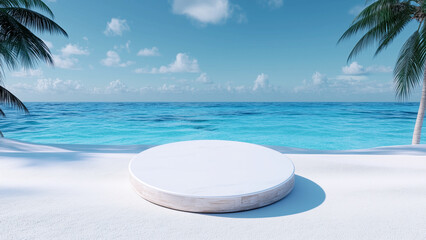 Obraz premium Tropical Paradise white Podiums, Serene Seaside Product Displays