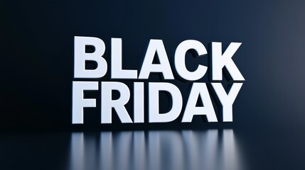 Bold "BLACK FRIDAY" text. Bold clean white font, placed on top of shiny surface and dark background. Sale. Commerce. Advertising. Promotion. Marketing.