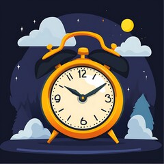 Naklejka premium A colorful alarm clock against a night sky with clouds and trees.