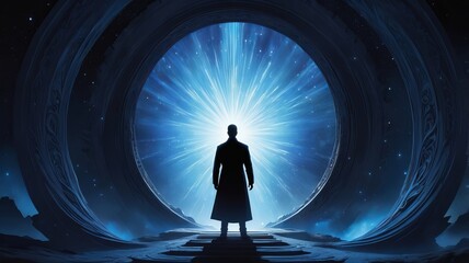 A magical portal to another world ,silhouette of a figure entering portal