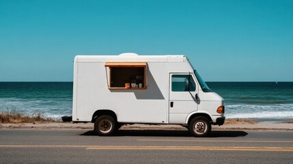 White food truck by the beach road: minimalist coastal vibes for street food and travel designs