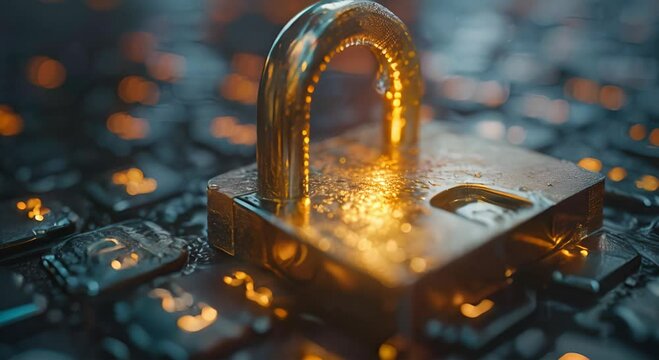 A Shiny Lock on a Black Keyboard, Covered in Water Drops