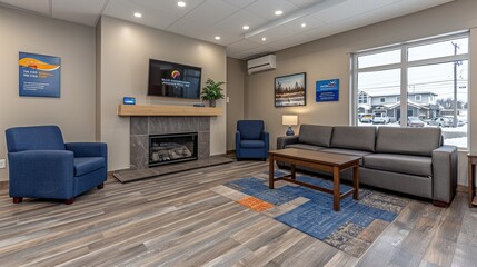 Spacious and modern living room design featuring elegant furniture arrangement and a cozy fireplace in a beautifully lit community setting