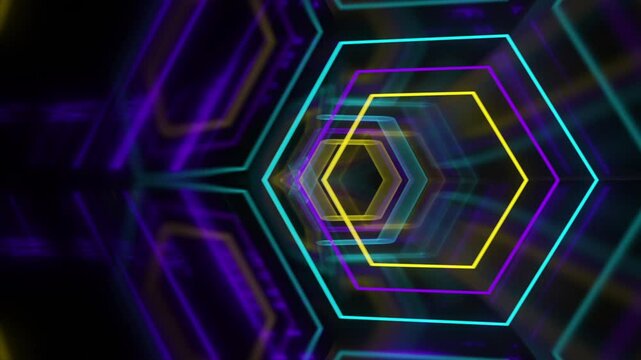 Seamless Hexagon zoom Sci Fi neon color light for logo technology HUD looping 3D animation