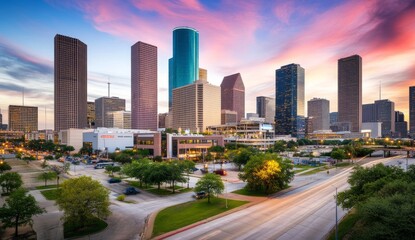 the cityscape of Houston, Texas at dusk with lights on in skyscrapers