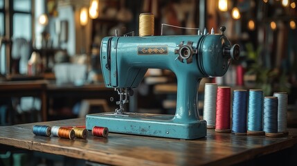 Fototapeta premium Professional Sewing Machine Surrounded by Colorful Spools of Thread and Fabric on a Wooden Table in a Tailoring Workshop, High-Resolution Scene Capturing the Art of Craftsmanship and Textile Design.