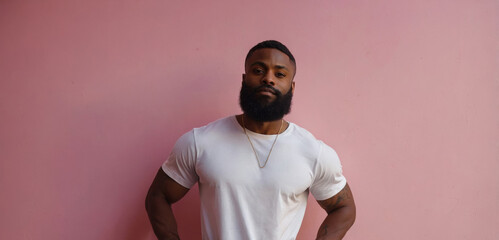 A strong, serious black man in a white T-shirt against a pink wall