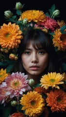 Young Asian woman surrounded by vibrant yellow flowers