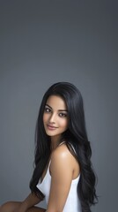 Fototapeta premium Indian woman with long black hair wearing a white tank top and sitting against a grey background, casual elegance, simple fashion, long hair beauty