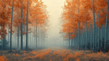 Obraz premium A misty autumn forest path lined with vibrant orange trees.