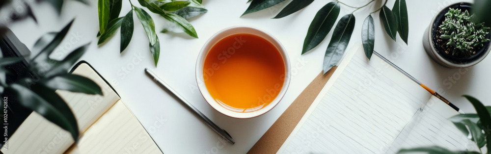 Poster a cozy workspace with a bowl of tea surrounded by greenery and open notebooks during a peaceful afte