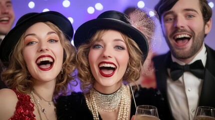 A group of friends dressed in 1920s attire, celebrating National Repeal Day with flapper dresses,...