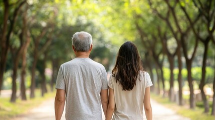 A parent and teenager walking together in a park