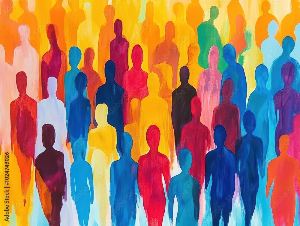 Poster stylized illustration of diverse crowd, abstract figures in vibrant colors. overlapping silhouettes 
