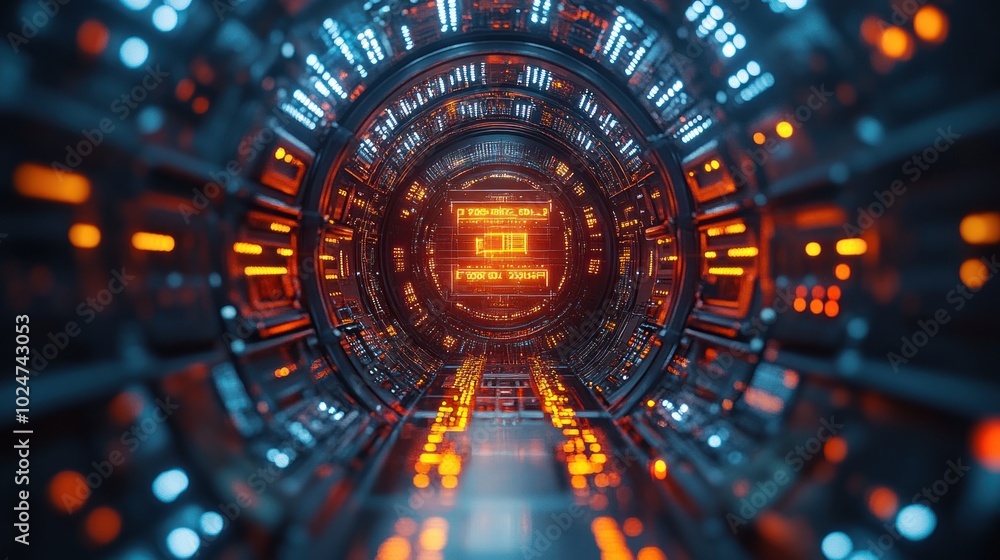 Poster futuristic tunnel with glowing lights and intricate circuitry.