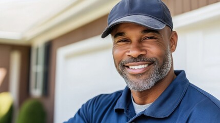 Confident man in blue work uniform smiling outdoors for professional lifestyle use