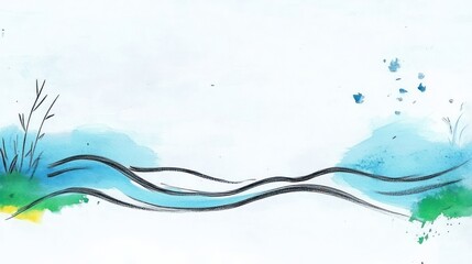 Abstract watercolor illustration of flowing water with minimalistic plant elements.