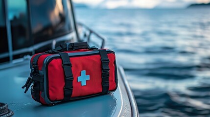 A vibrant red first aid kit rests on a boat's edge, surrounded by calm waters and a scenic backdrop.