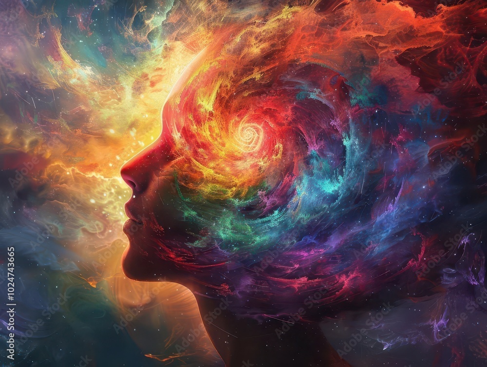 Poster surreal digital artwork depicting a human head exploding into a vibrant galaxy of thoughts, emotions
