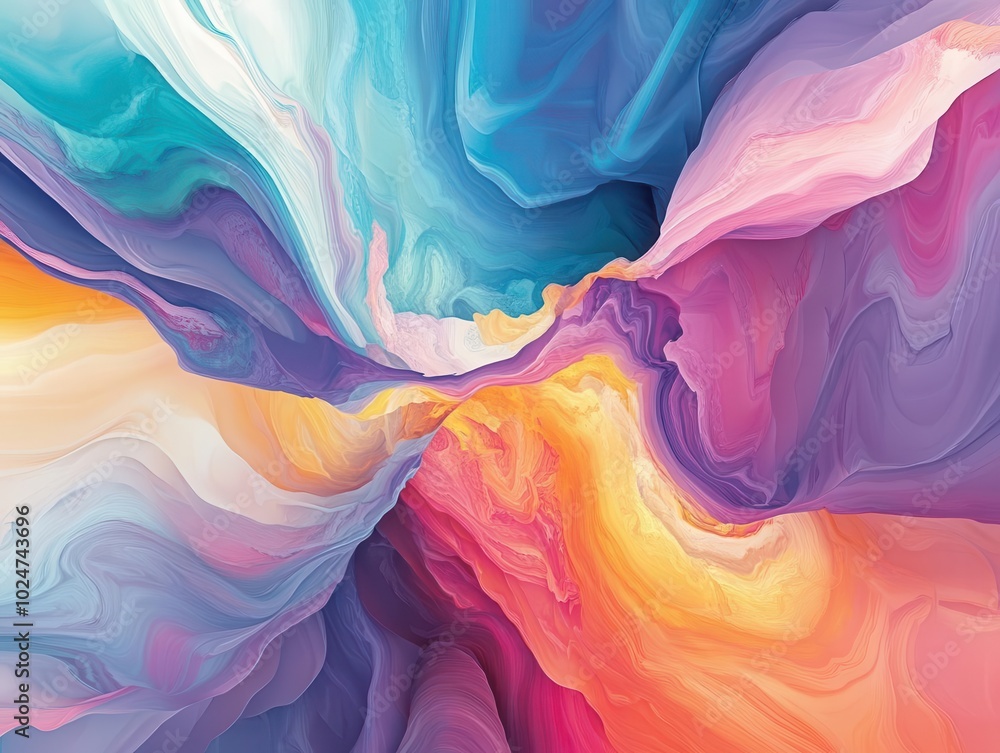 Poster surreal digital landscape of melting graphics, vibrant colors swirling and morphing. abstract forms 