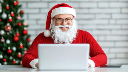 Naklejka premium Confident young businessman Santa Claus working in online store for business Small business owner at his desk online shop christmas sale SME and dropshipping