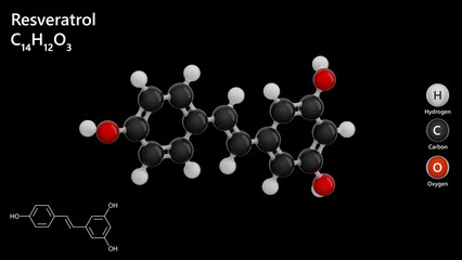 Resveratrol. 3D model. Molecular formula: C14H12O3. Chemical model: Ball and Stick. Black background. 3d illustration