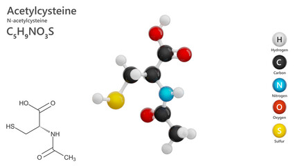 Acetylcysteine. Animated 3d model. Molecular formula: C5H9NO3S. Chemical model: Ball and Stick. White background. 3d illustration